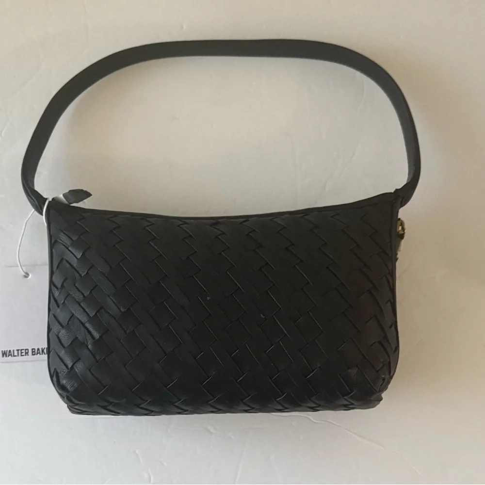 WALTER BAKER Leather Hazel Hand Woven Shoulder Bag Black